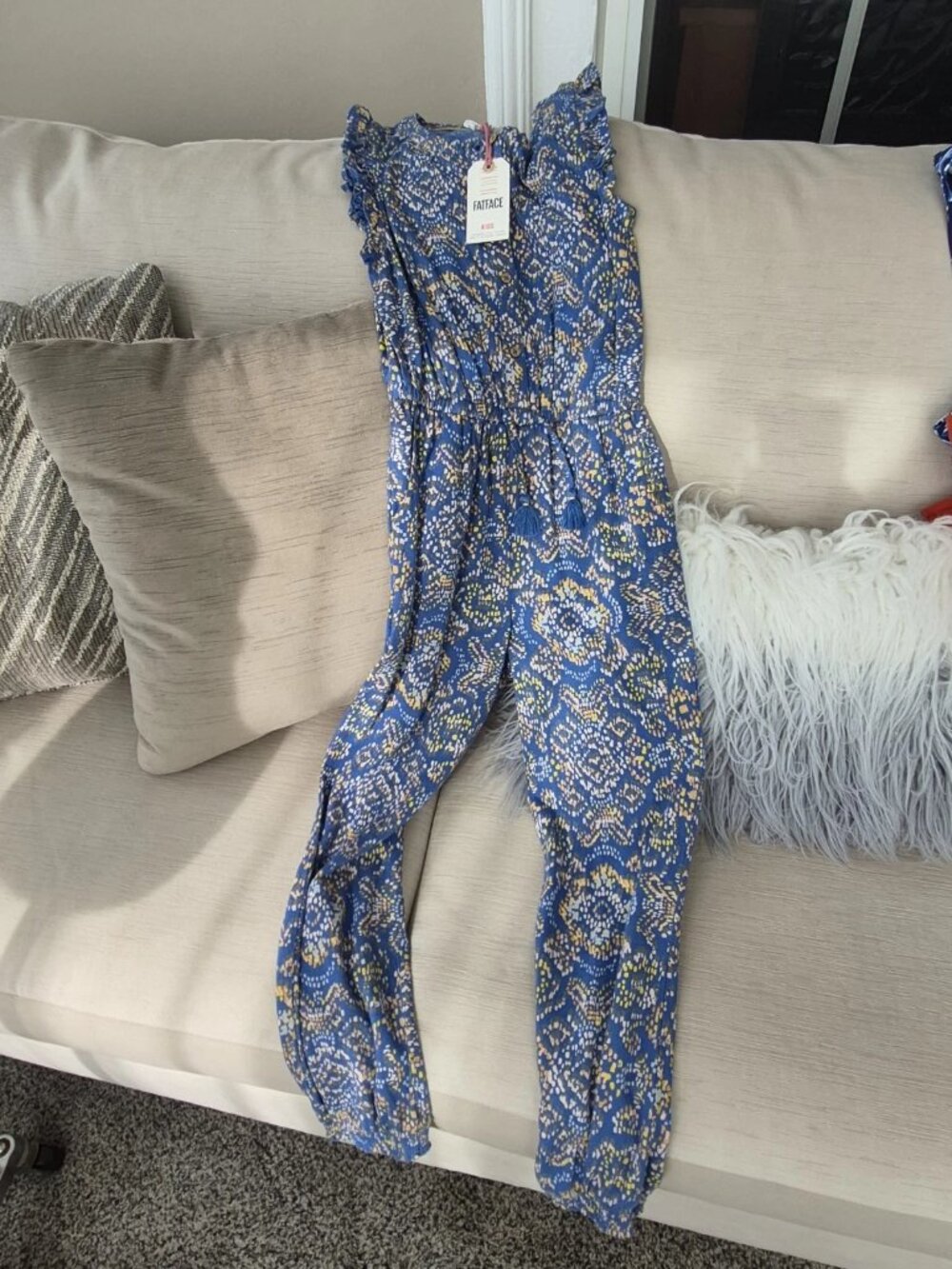 Fat Face Girls Aztec washed blue Jumpsuit, Size 8/9 NWT